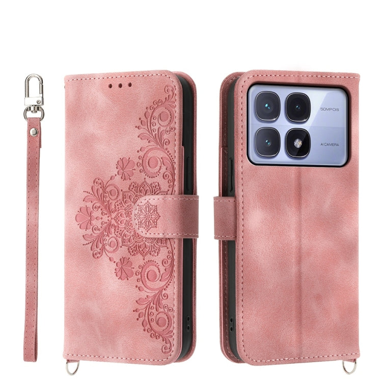 Light pink embossed floral leather wallet phone case with wrist strap and front card window