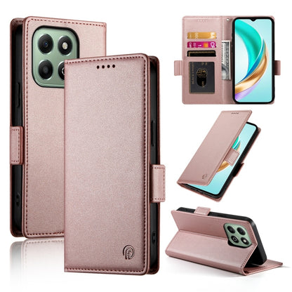 Rose-pink frosted leather flip phone case with magnetic side buckle and card slot
