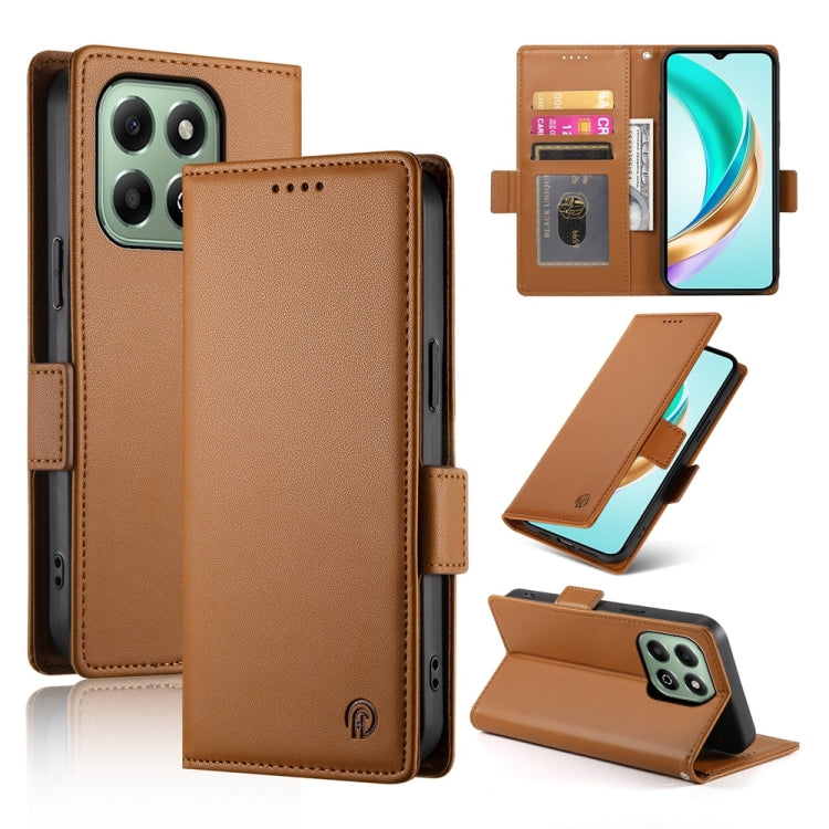 Tan frosted leather flip phone case with magnetic side buckle and card slot