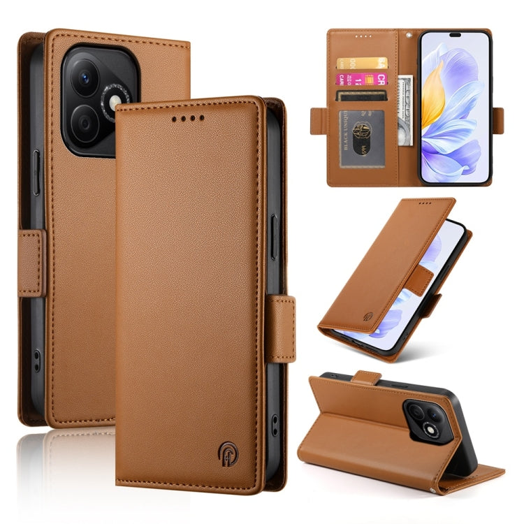 Brown frosted leather flip phone case with magnetic side buckle and card slot