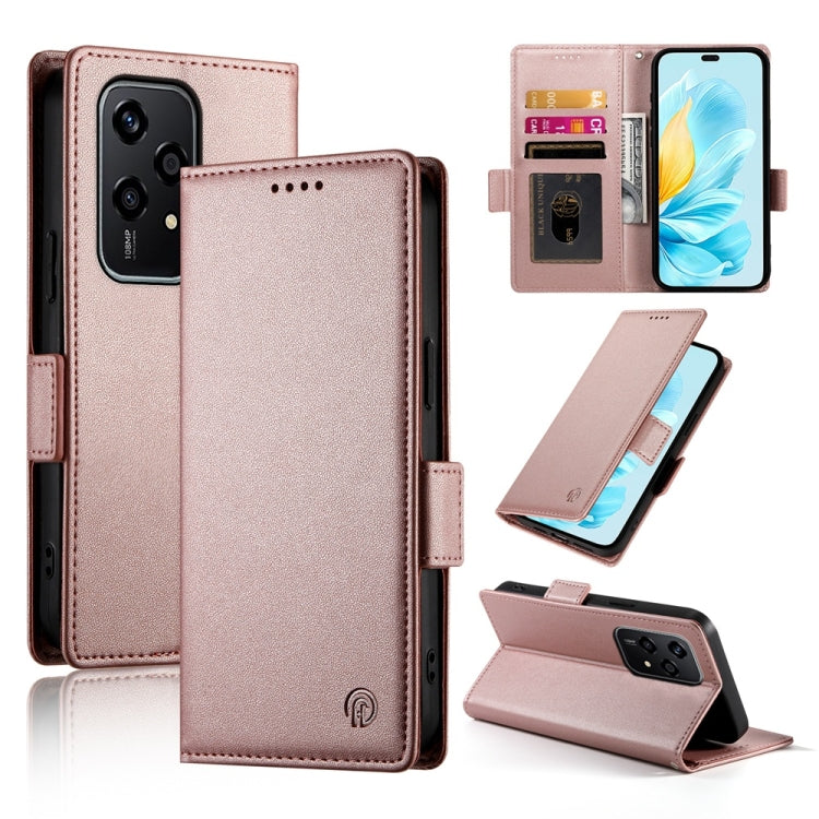 Magnetic frosted leather phone case with side buckle, rose gold folio wallet