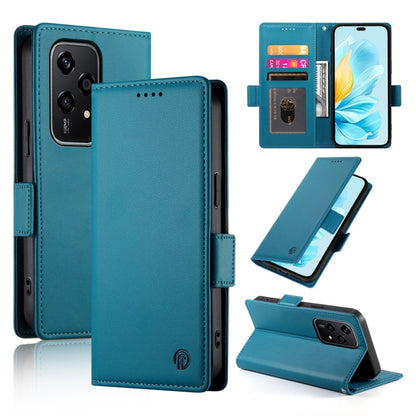 Magnetic frosted leather phone case with side buckle, blue folio wallet