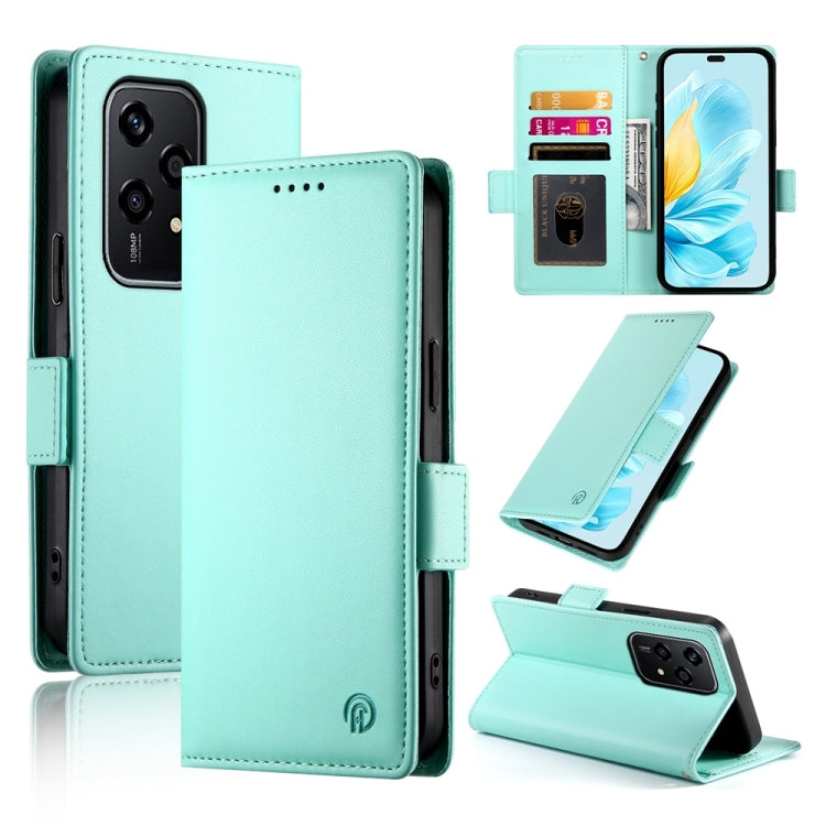 Magnetic frosted leather phone case with side buckle, mint green folio wallet