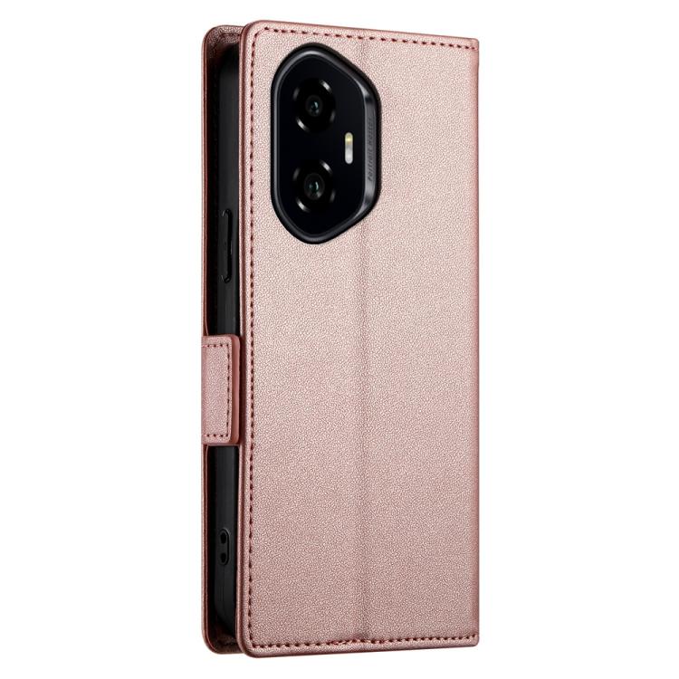 Rose gold frosted leather phone case with camera cutout and side buckle strap.