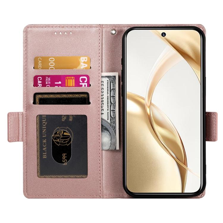 Rose gold folio phone case with card slot compartments and built-in stand view.