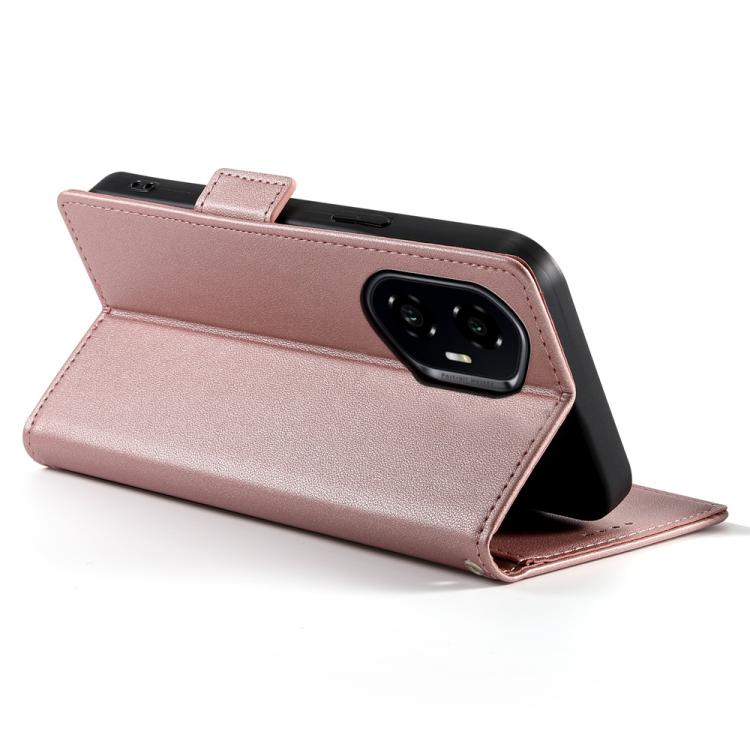 Rose gold magnetic folio phone case with side opening and protective camera cutout.