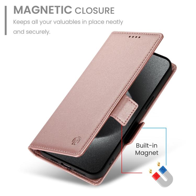 Rose gold magnetic phone wallet case with folio cover and card slot pocket.