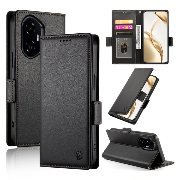 Black magnetic frosted leather phone case with side buckle and card slot window.