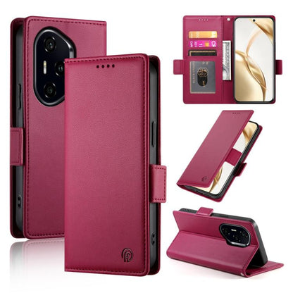 Wine red magnetic frosted leather phone case with side buckle and card slot window.