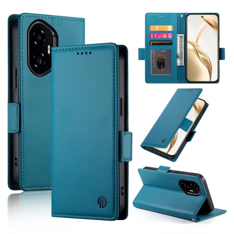 Blue magnetic frosted leather phone case with side buckle and card slot window.