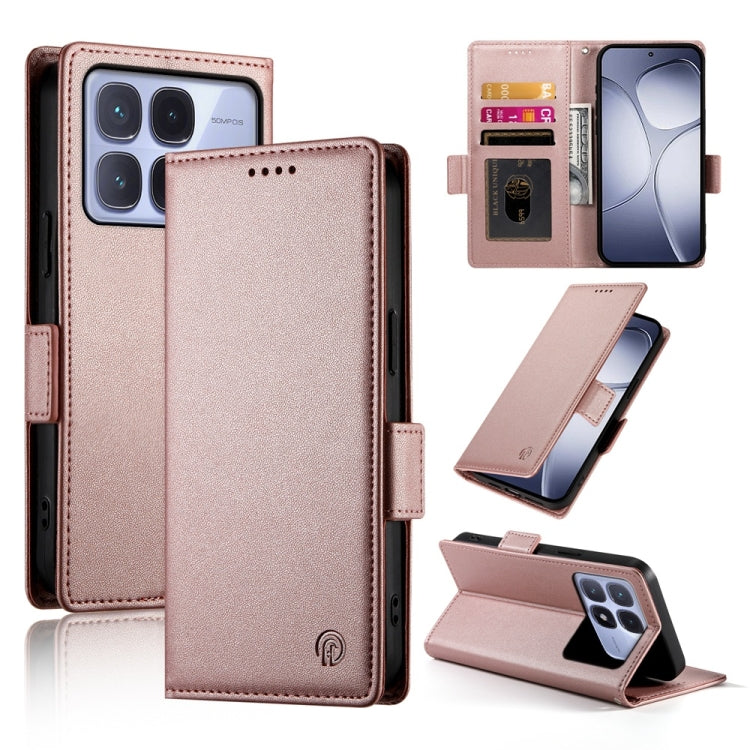 Rose gold frosted leather folio phone case with side buckle magnetic closure and stand
