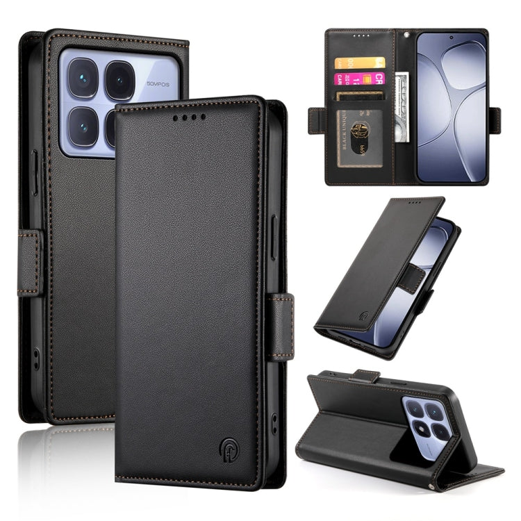 Black frosted leather folio phone case with side buckle magnetic closure and card slot