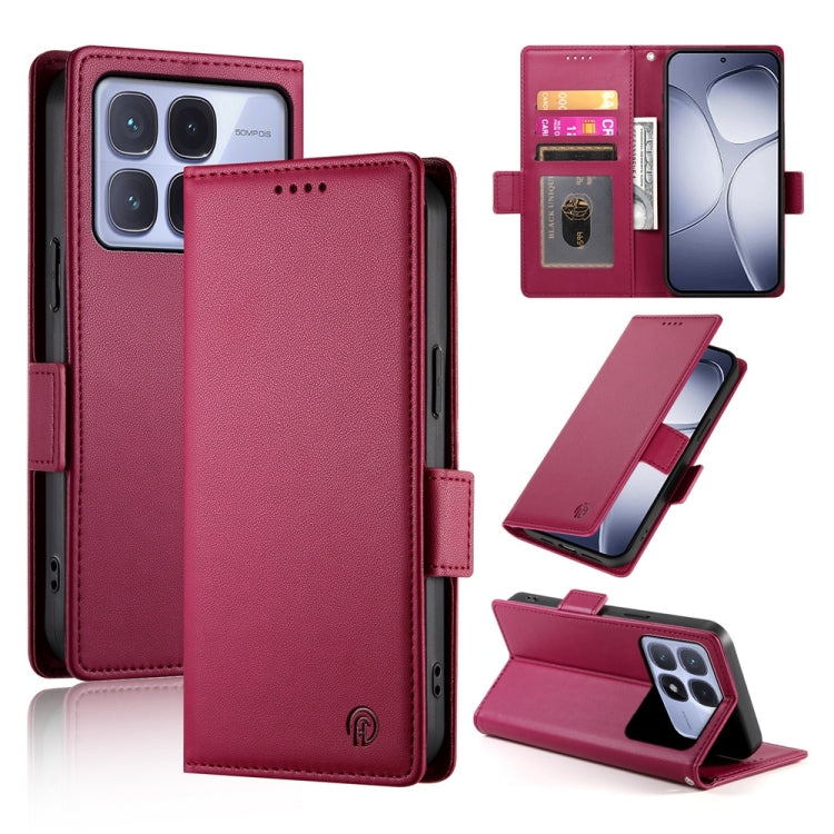 Wine red frosted leather folio phone case with side buckle magnetic closure and stand
