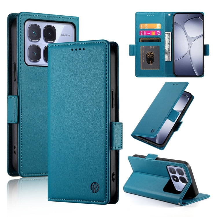 Blue frosted leather folio phone case with side buckle magnetic closure and card slot