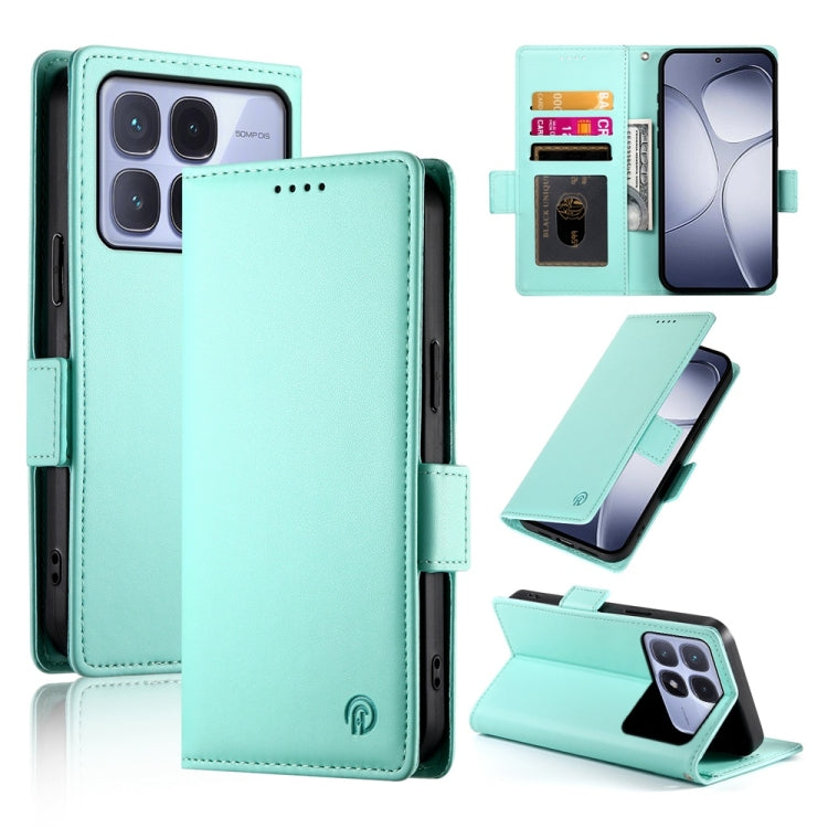 Mint green frosted leather folio phone case with side buckle magnetic closure and stand
