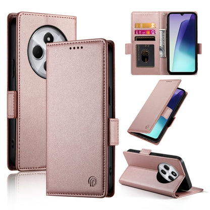Magnetic leather phone case with side buckle, frosted finish, rose pink color.