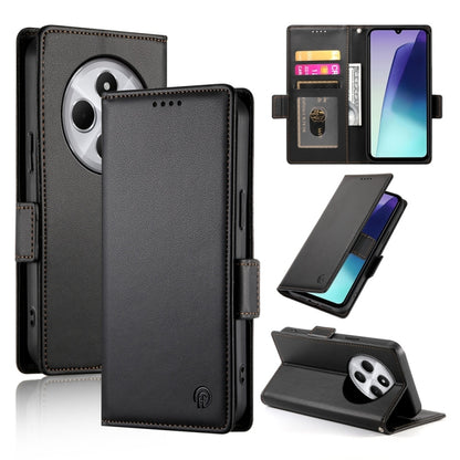 Magnetic leather phone case with side buckle, frosted finish, black color.