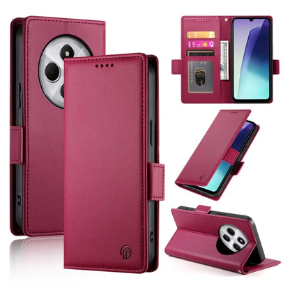 Magnetic leather phone case with side buckle, frosted finish, deep pink-red color.