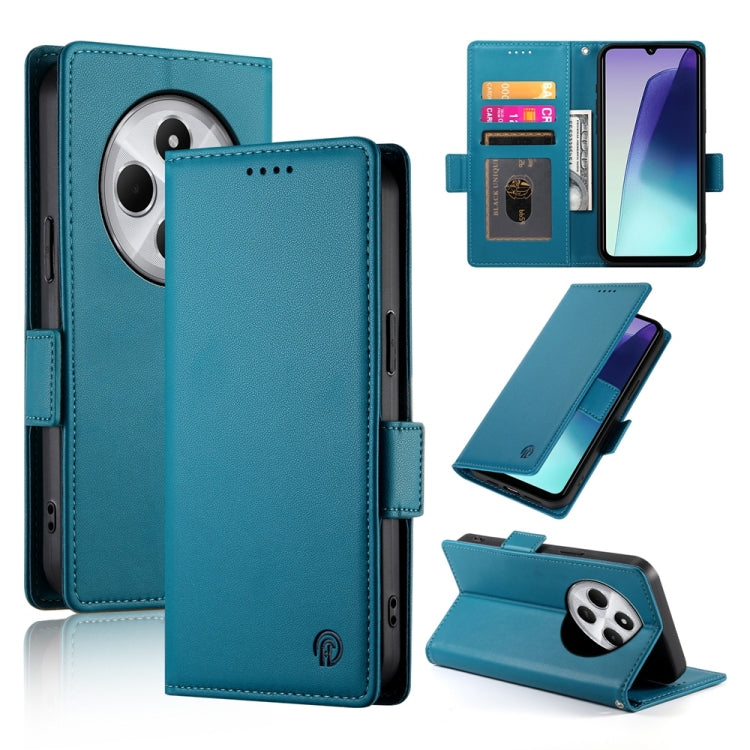 Magnetic leather phone case with side buckle, frosted finish, teal blue color.