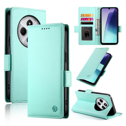 Magnetic leather phone case with side buckle, frosted finish, light mint teal color.