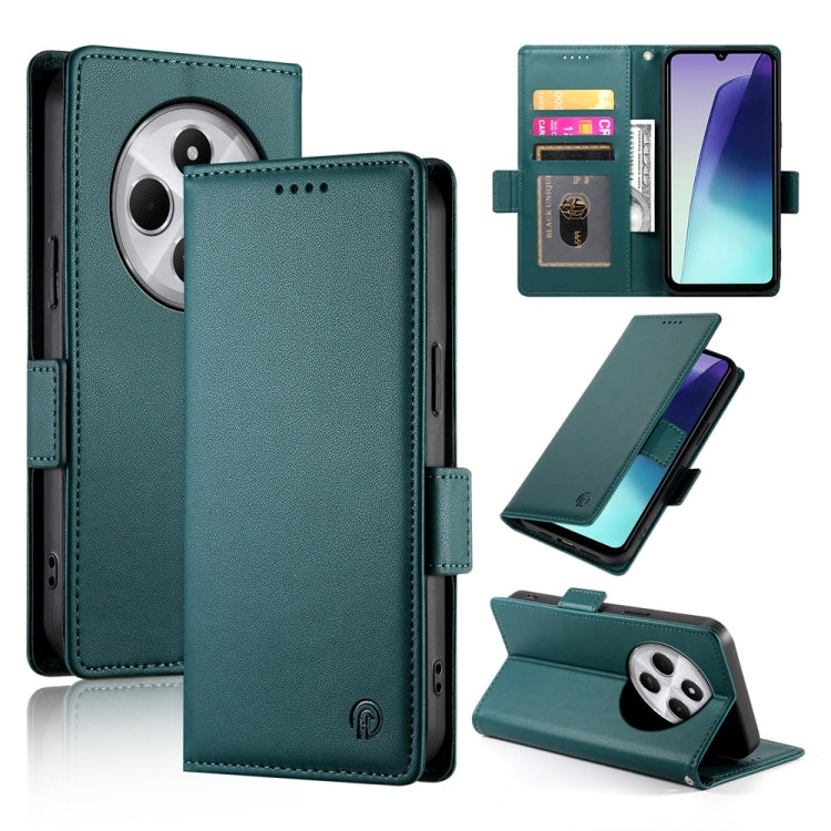 Magnetic leather phone case with side buckle, frosted finish, deep teal green color.