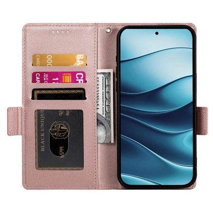 Rose gold frosted leather flip phone case with card slots and fold-out stand