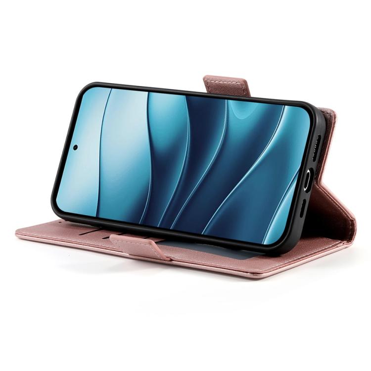 Rose gold frosted leather flip phone case in landscape stand position