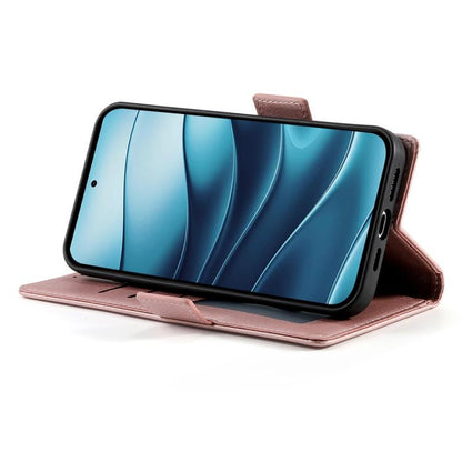 Rose gold frosted leather flip phone case in landscape stand position