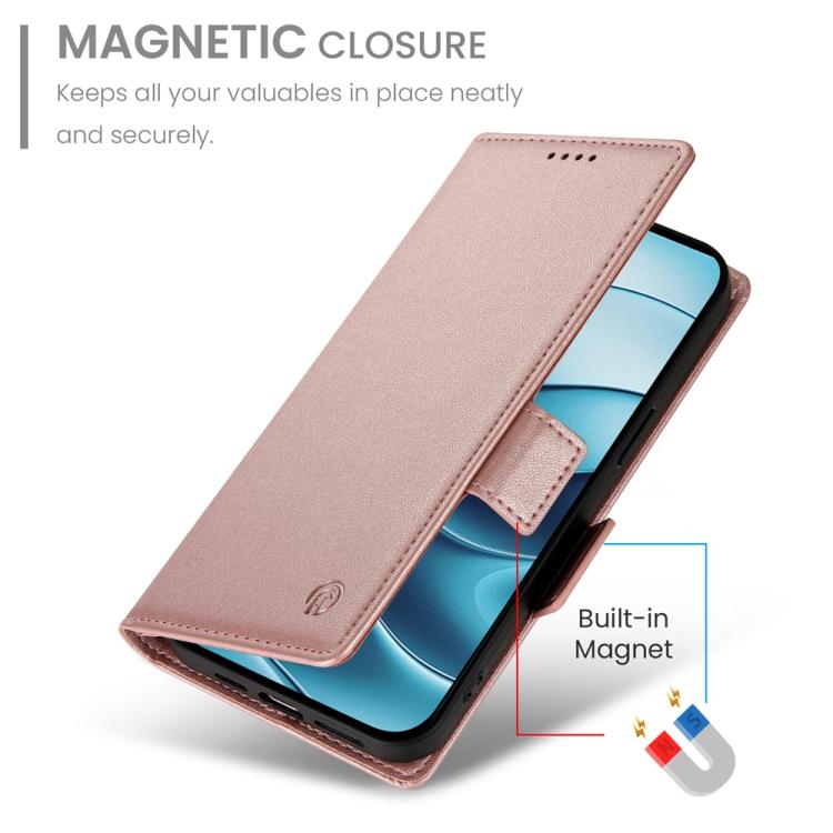 Rose gold frosted leather flip phone case with magnetic closure and side buckle