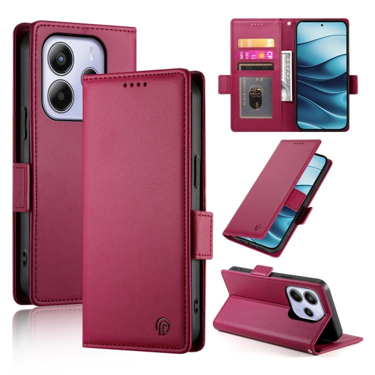 Wine red frosted leather phone case with side buckle and card slot cover