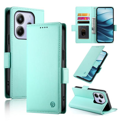 Magnetic leather phone case with side buckle, frosted finish, mint teal color.