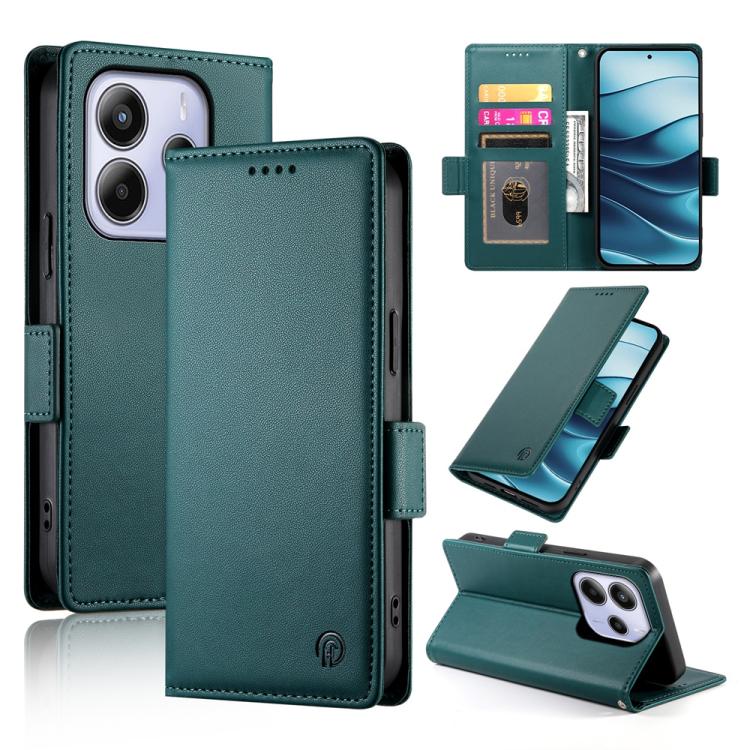 Magnetic leather phone case with side buckle, frosted finish, dark green color.