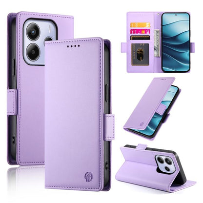 Magnetic leather phone case with side buckle, frosted finish, lilac purple color.