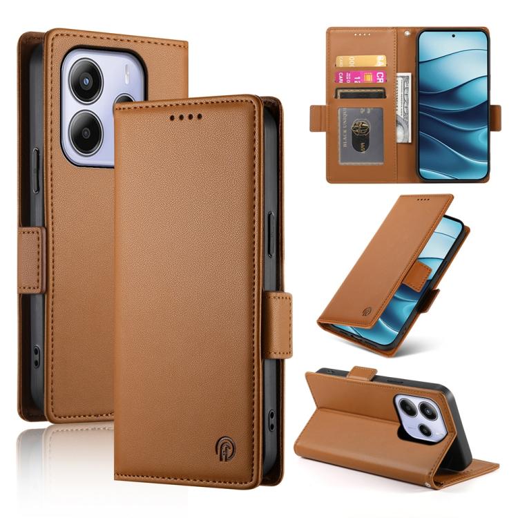 Magnetic leather phone case with side buckle, frosted finish, warm brown color.
