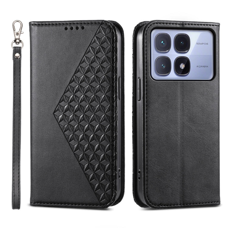 Black magnetic leather phone case with 3D cube pattern panel and wrist strap