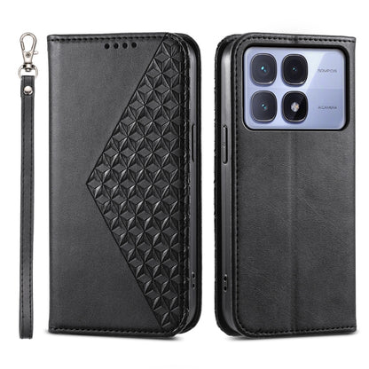 Black magnetic leather phone case with 3D cube pattern panel and wrist strap