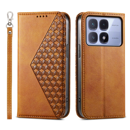 Brown magnetic leather phone case with 3D cube pattern panel and wrist strap