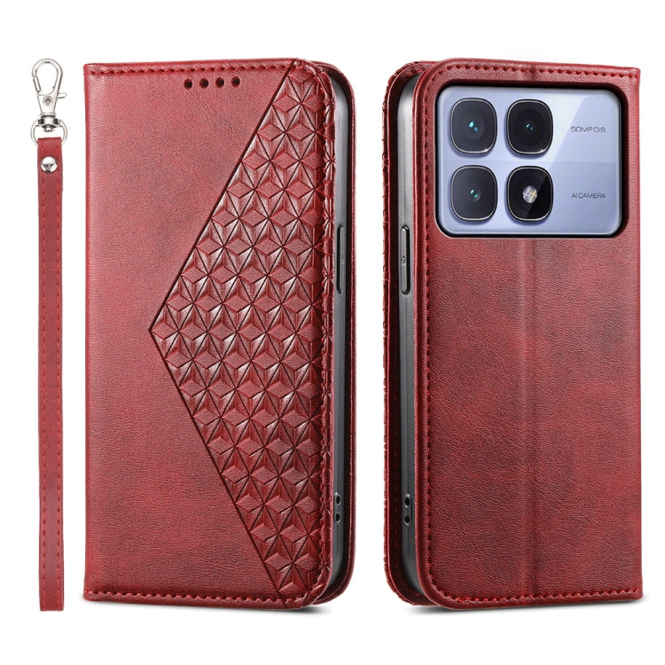 Red magnetic leather phone case with 3D cube textured front panel and wrist strap