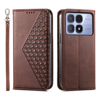 Rose-brown magnetic leather phone case with 3D cube textured front panel and wrist strap