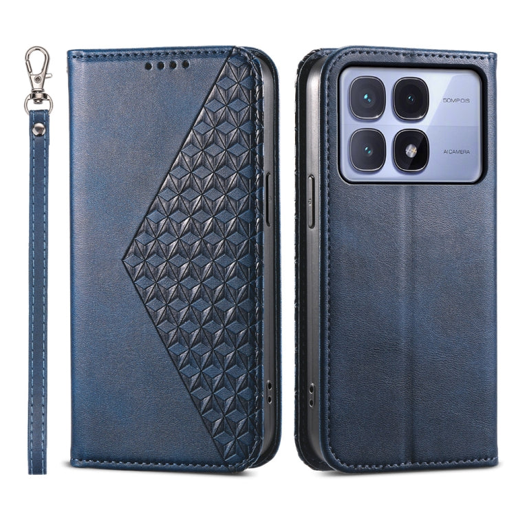 Blue magnetic leather phone case with cubic grid texture, wrist strap, for Redmi K70 Ultra