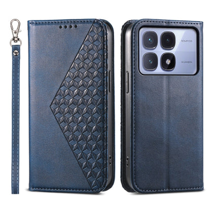 Blue magnetic leather phone case with cubic grid texture, wrist strap, for Redmi K70 Ultra