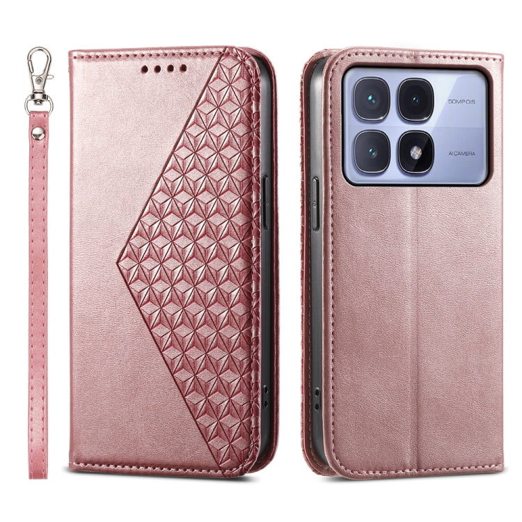 Rose pink magnetic leather phone case with cubic grid texture, wrist strap, for Redmi K70 Ultra