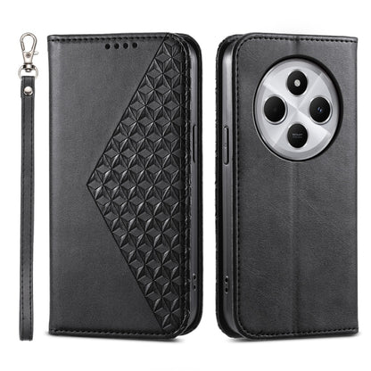 Black magnetic leather phone case with diamond grid texture and wrist strap