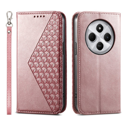 Light pink magnetic leather phone case with diamond grid texture and wrist strap