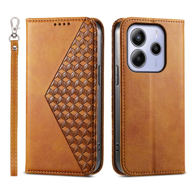 Brown magnetic leather phone case with diagonal cubic grid texture and camera cutout.