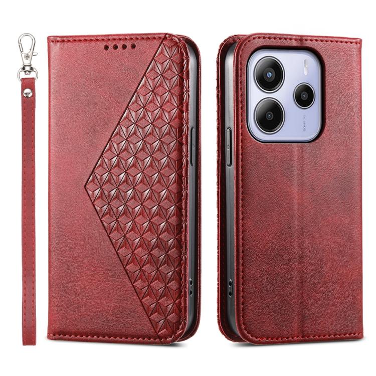 Red leather phone case with diamond geometric texture and wrist strap, camera cutout