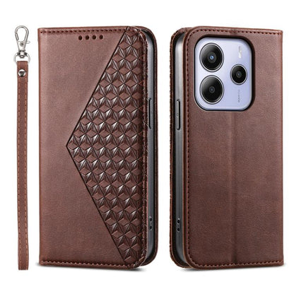 Rose-brown leather phone case with diamond geometric texture and wrist strap, camera cutout
