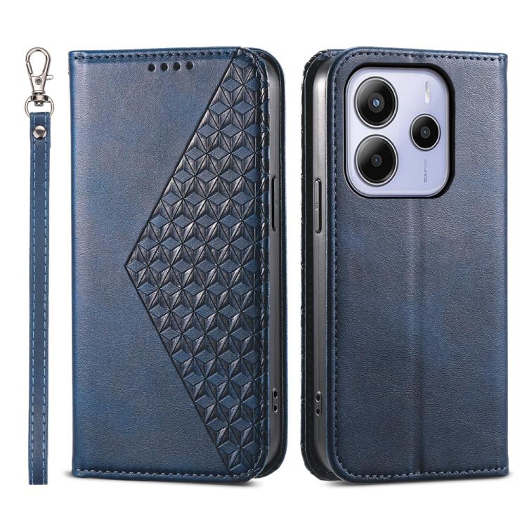 Blue leather phone case with diamond geometric texture and wrist strap, camera cutout