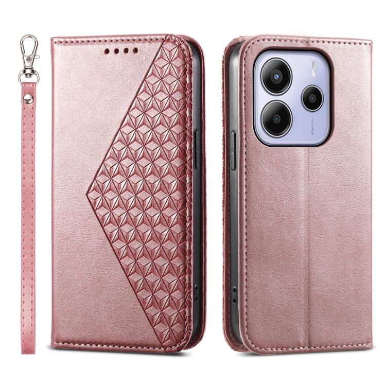 Light pink leather phone case with diamond geometric texture and wrist strap, camera cutout