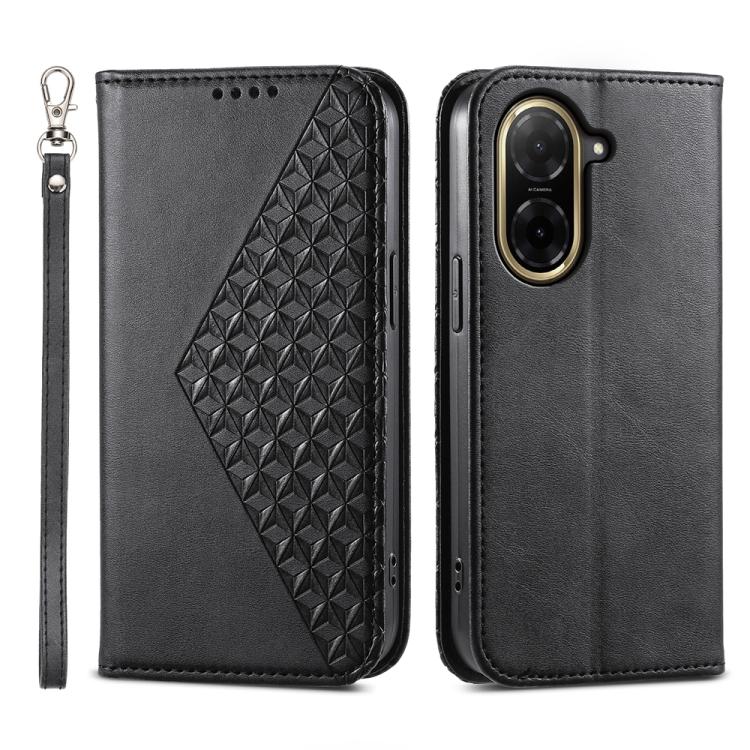 Black magnetic leather phone case with diagonal cubic grid texture and wrist strap.